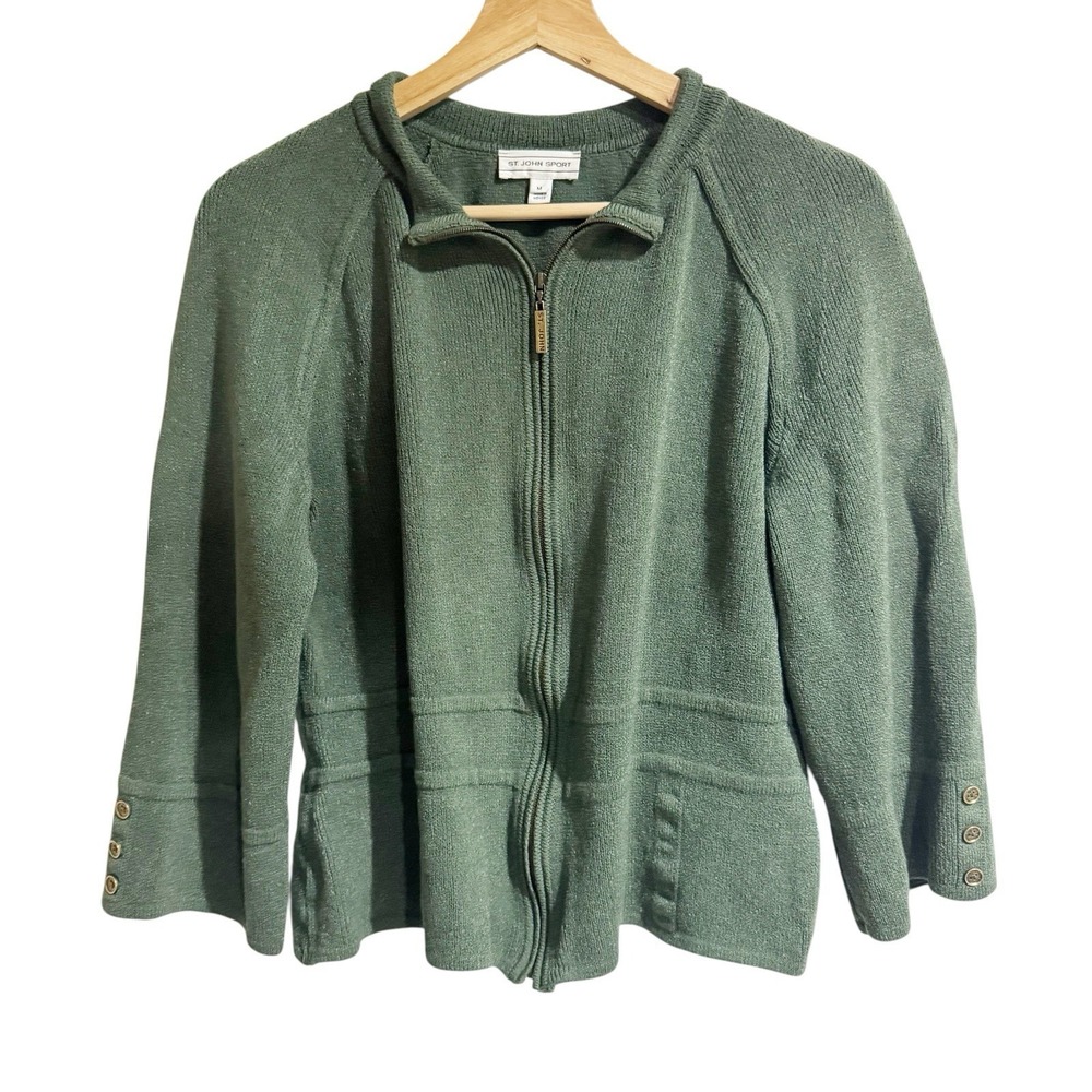 St John's Sport Women Medium Green Full Zip Cardigan